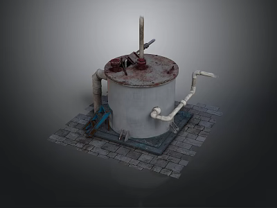 Rusted Cylindrical Tank Industrial Setup With Pipes Valve And Brick Base 3d model