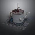 Rusted Cylindrical Tank Industrial Setup With Pipes Valve And Brick Base