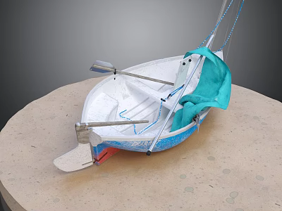 Decorative Small Boat Model With Oars Blue Cloth On Round Platform 3d model