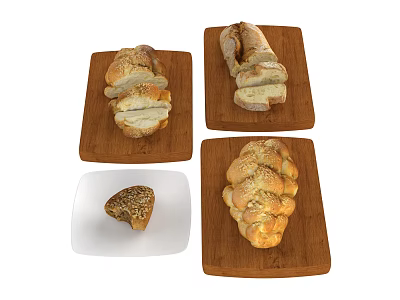 Fresh Variety of Bread Sliced Loaves and Braided Loaf on Wooden Boards and White Plate 3d model