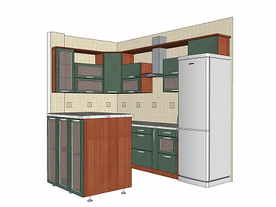 Modern Kitchen Interior With Green And Wooden Cabinets And Kitchen Island 3d model