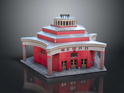 MEMPO Red Building With White Roof Columned Porch And Classic Design 3d model