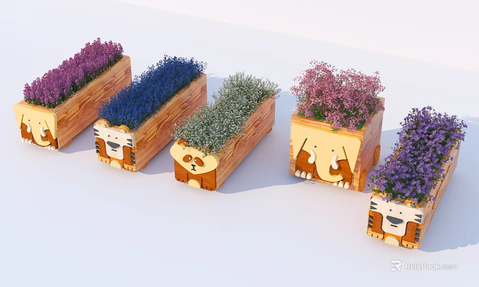 Bonsai Potted Plants In Wooden Planters With Tiger Panda Camel Designs And Colorful Foliage 3d model 