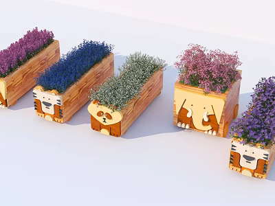 Bonsai Potted Plants In Wooden Planters With Tiger Panda Camel Designs And Colorful Foliage 3d model