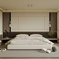 Modern Bedroom with Big Bed Open Shelves Large Window Greenery View Light Wood Floor
