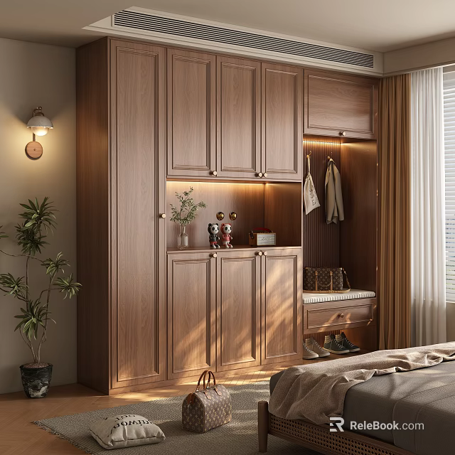 Modern Wooden Wardrobe With Upper Cabinets Open Shelf And Storage Space 3d model