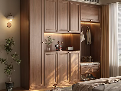 Modern Wooden Wardrobe With Upper Cabinets Open Shelf And Storage Space 3d model