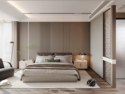 Modern Bedroom Interior Design With Upholstered Bed Frame Nightstand Lamp And Area Rug 3d model