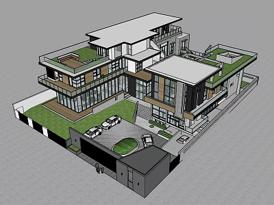 Modern Two Story Detached Villa Design With Open Courtyard Garage Large Windows And Green Roof 3d model