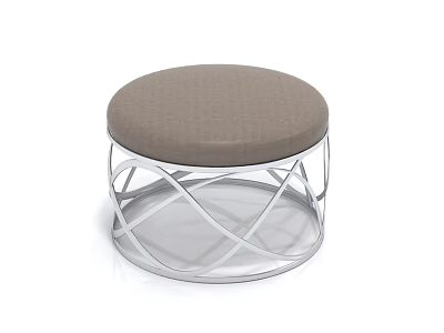 Modern Round Stool With Brown Fabric Seat And Silver Crisscross Metal Frame 3d model