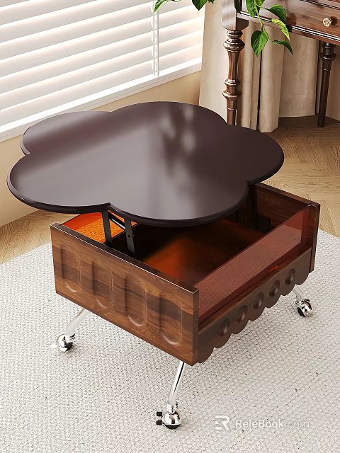 Wooden Coffee Table With Petal Shaped Top Transparent Drawer And Wheeled Legs 3d model 