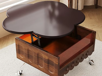 Wooden Coffee Table With Petal Shaped Top Transparent Drawer And Wheeled Legs 3d model
