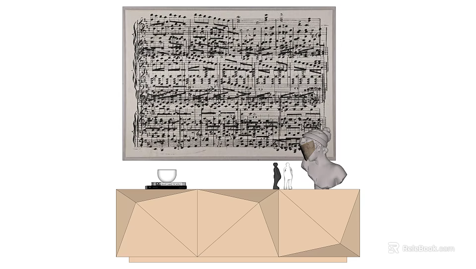 Black And White Music Sheet On Wall Above Geometric Cabinet With Sculpture Figures And Cup 3d model 