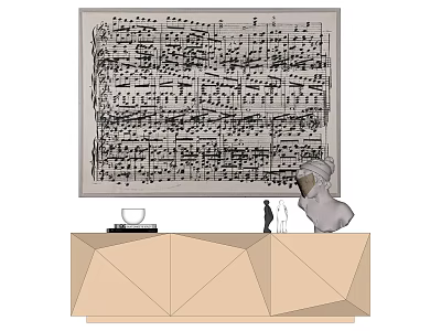Black And White Music Sheet On Wall Above Geometric Cabinet With Sculpture Figures And Cup 3d model