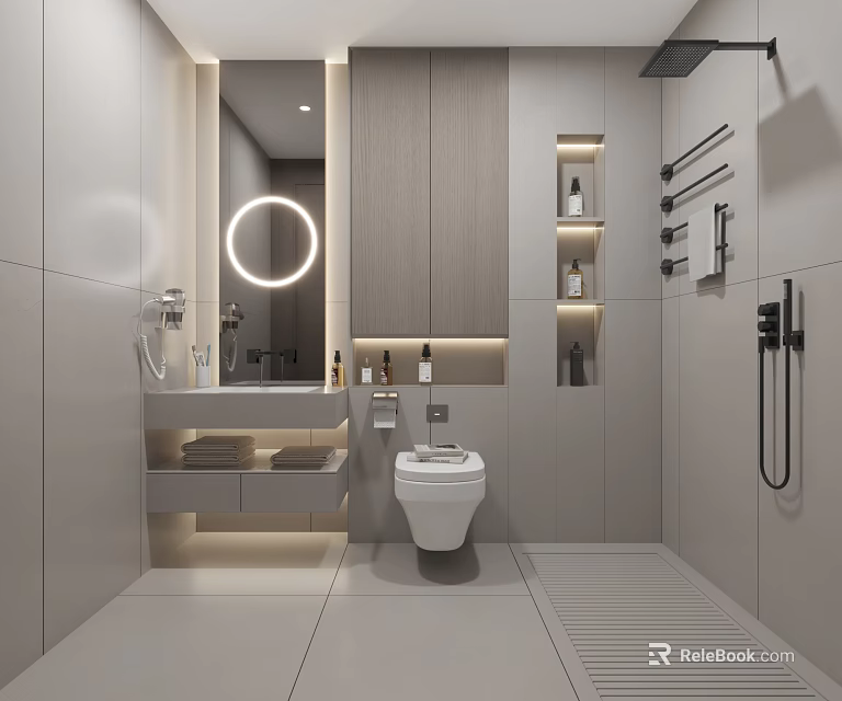 Modern Bathroom With Round Lighted Mirror Vanity Towels Toilet Shower Area And Wall Niche 3d model 