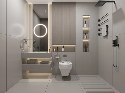 Modern Bathroom With Round Lighted Mirror Vanity Towels Toilet Shower Area And Wall Niche 3d model