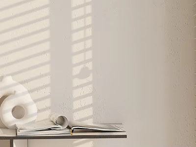 Open Book On Table With White Abstract Vase And Blind Shadows On Textured Wall 3d model
