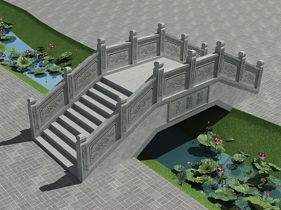 Traditional Stone Bridge with Carved Railings Steps and Lotus Pond Grass 3d model