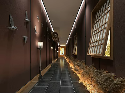 Modern Elevator Corridor With Brown Wall Black Floor Tiles Bird Decorations And Wooden Lattice Window 3d model
