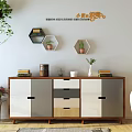 Modern TV Stand With Hexagonal Shelves Green Plants Books And Storage Cabinets
