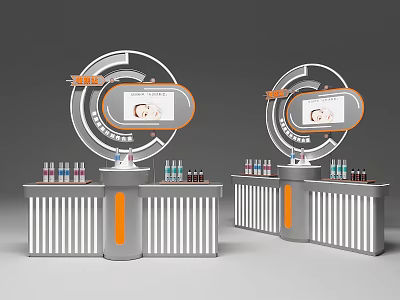 Symmetric Art Installation With Curved White Orange Design Display Screens And Product Bottles 3d model