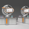 Symmetric Art Installation With Curved White Orange Design Display Screens And Product Bottles