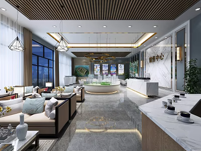Modern Sales Office Interior With Spacious Lobby Sofa Seating Marble Reception Desk And Chandeliers 3d model