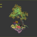 Tree with orange leaves on green island with beehive bench and rock
