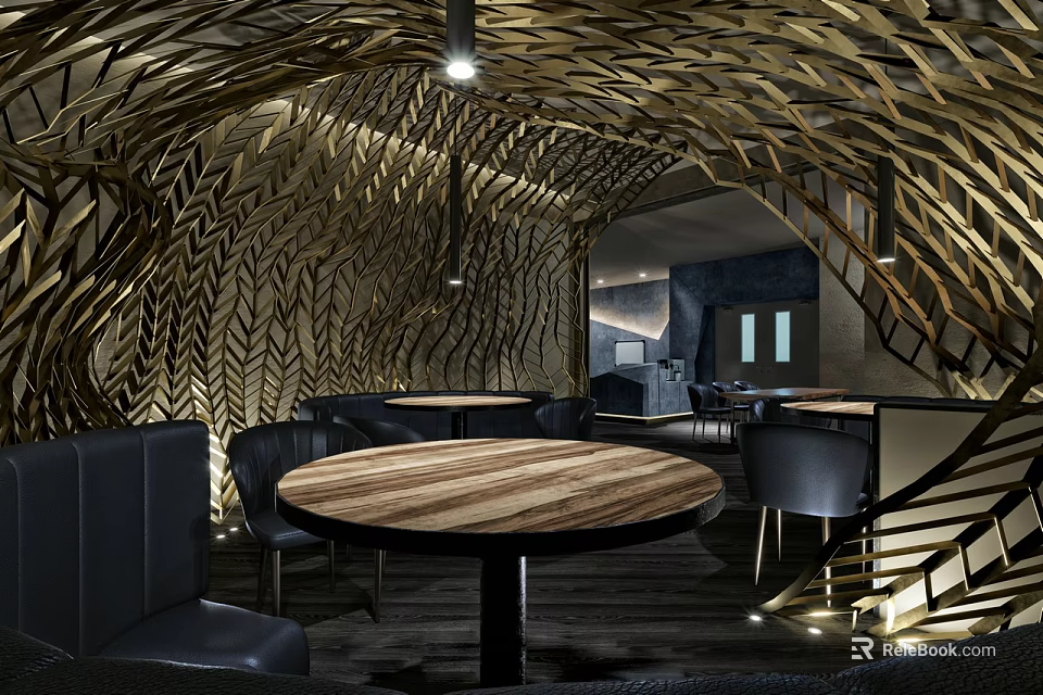 Modern Café Interior With Geometric Wooden Wall Design Round Tables And Black Chairs 3d model 