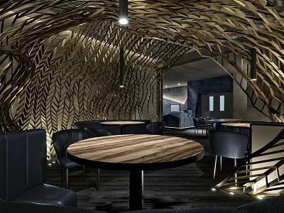 Modern Café Interior With Geometric Wooden Wall Design Round Tables And Black Chairs 3d model