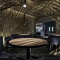 Modern Café Interior With Geometric Wooden Wall Design Round Tables And Black Chairs