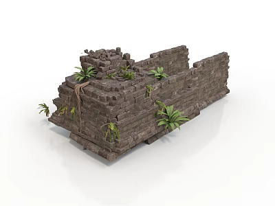 Modern Scene of Ancient Stone Wall Ruin Structure With Green Plants Growing 3d model