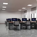 Public Office Space With Multiple Desks Computer Monitors And Ergonomic Chairs 3d model