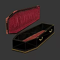 Open Black Funeral Casket With Pink Velvet Lining And Gold Trim