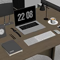 Modern Workspace Setup With Laptop Keyboard Coffee And Digital Clock 3d model