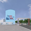 Industrial Factory Building With Blue Roof Surrounded by Green Trees and Operational Vehicles