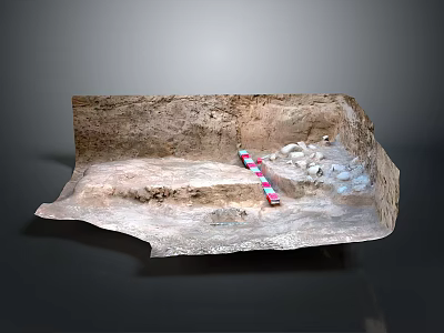 Archaeological Site Model Display With Sandy Ground Stone Artifacts And Red White Marker Pole 3d model