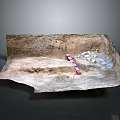 Archaeological Site Model Display With Sandy Ground Stone Artifacts And Red White Marker Pole