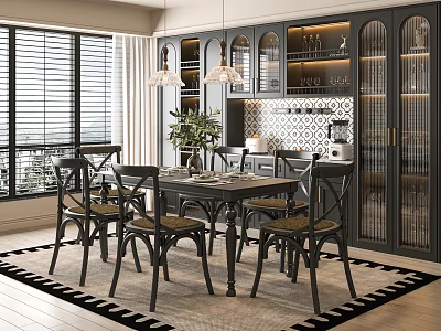 Modern Dining Room With Dark Furniture Glass Cabinet Doors Pendant Lights And Black White Rug 3d model