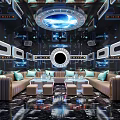 Modern Tech Style KTV Lobby With Blue Lighting Circular Screens Marble Floor Sofa Bar Counter