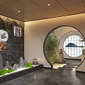 Elevator Lobby Interior With Rock Wall Pine Tree Water Feature Circular Art And Bamboo 3d model