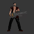 Sci Fi Male Warrior Character Standing With Large Mechanical Gun And Leather Outfit