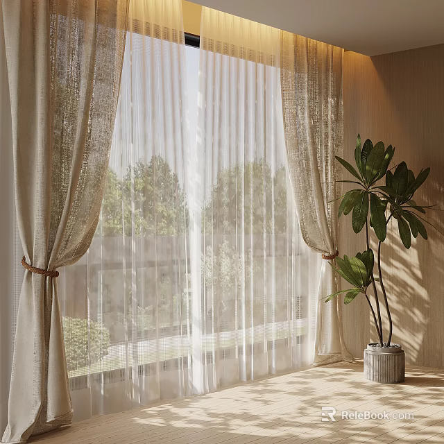 Natural Linen Curtains With Sheer Layers And Tiebacks By Potted Plant Window View 3d model 