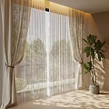 Natural Linen Curtains With Sheer Layers And Tiebacks By Potted Plant Window View