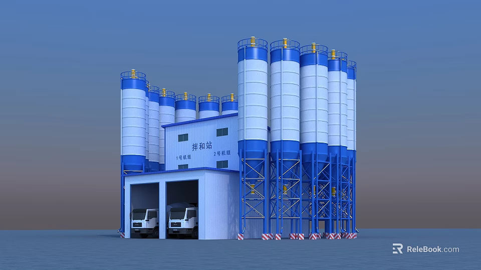 Industrial Concrete Mixing Plant Featuring Blue And White Silos Parked Trucks And Control Building 3d model 