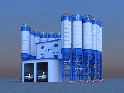 Industrial Concrete Mixing Plant Featuring Blue And White Silos Parked Trucks And Control Building 3d model