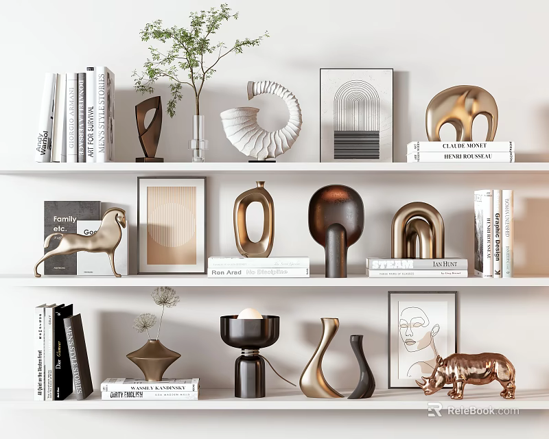 Modern Decorative Ornament Set With Sculptures Framed Art Books And Vases On White Shelves 3d model 