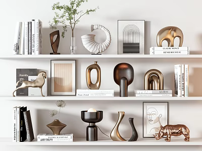 Modern Decorative Ornament Set With Sculptures Framed Art Books And Vases On White Shelves 3d model