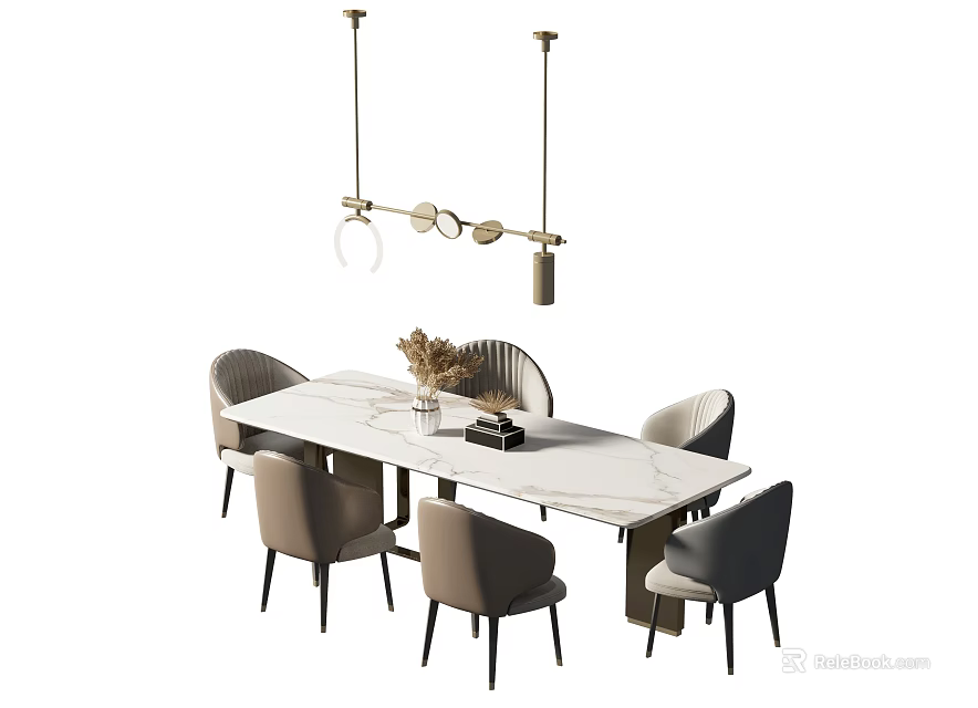 Modern Dining Table Set With Rectangular White Table Six Chairs And Pendant Lights 3d model