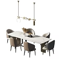 Modern Dining Table Set With Rectangular White Table Six Chairs And Pendant Lights 3d model
